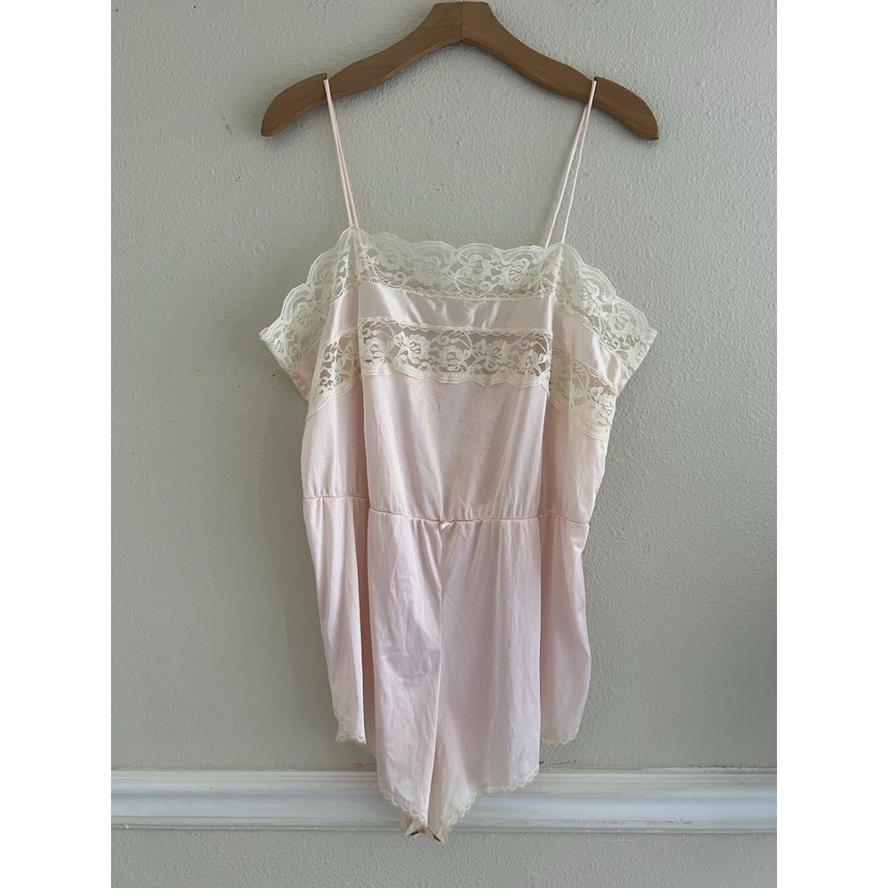 VTG Fifth Avenue Pink Lace Teddy Romper Womens L Lingerie Satin Slip Romantic